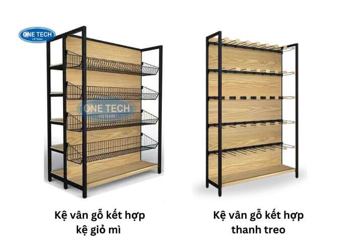 Kệ vân gỗ kết hợp kệ giỏ mì và móc treo